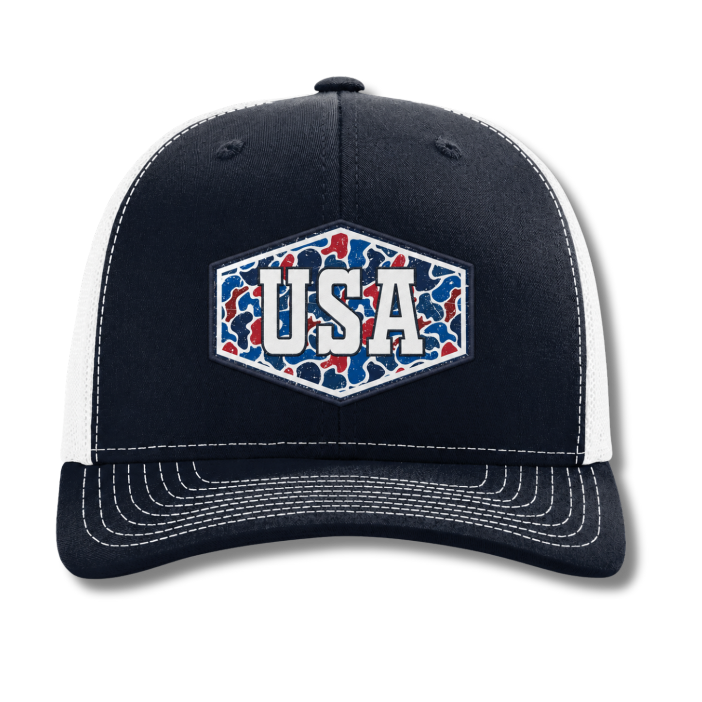 USA Camo Patch Trucker Hat - America 250 Patriotic Snapback