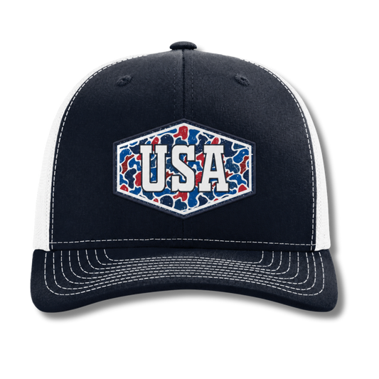 USA Camo Patch Trucker Hat - America 250 Patriotic Snapback